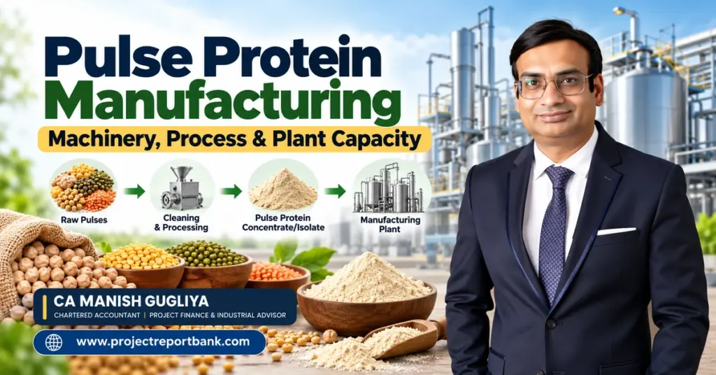 Pulse Protein Manufacturing Machinery, Process & Plant Capacity featuring pulse processing equipment, protein concentrate and isolate production, industrial plant setup, and CA Manish Gugliya.