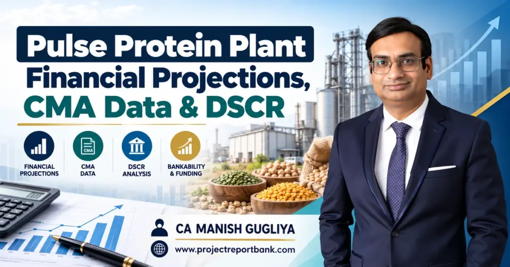 Pulse Protein Plant Financial Projections, CMA Data & DSCR Analysis in India, featuring CA Manish Gugliya, financial charts, bank finance icons and pulse processing plant.
