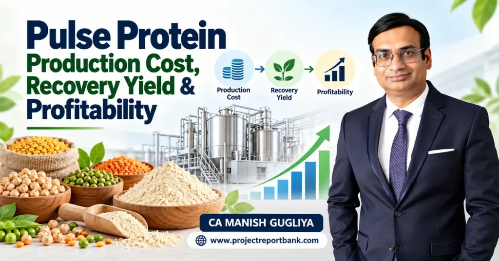 Pulse Protein Production Cost, Recovery Yield & Profitability in India – Manufacturing plant, pulses, protein powder, financial growth chart and CA Manish Gugliya.