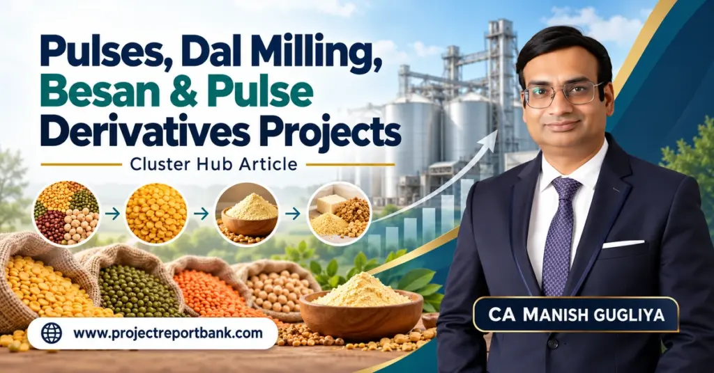 Pulses, Dal Milling, Besan & Pulse Derivatives Manufacturing Projects in India – Cluster Hub featuring pulse processing plants, dal, gram flour, industrial machinery and CA Manish Gugliya, ProjectReportBank.com.