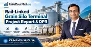 Rail-Linked Grain Silo Terminal Project Report & DPR in India featuring steel grain silos, railway freight wagons, bulk grain handling infrastructure, and CA Manish Gugliya.