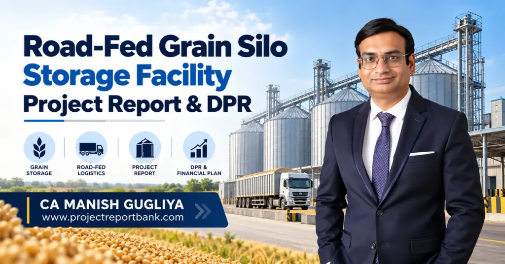Road-Fed Grain Silo Storage Facility Project Report & DPR in India featuring modern steel grain silos, truck-based grain logistics, and CA Manish Gugliya.