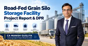 Road-Fed Grain Silo Storage Facility Project Report & DPR in India featuring modern steel grain silos, truck-based grain logistics, and CA Manish Gugliya.