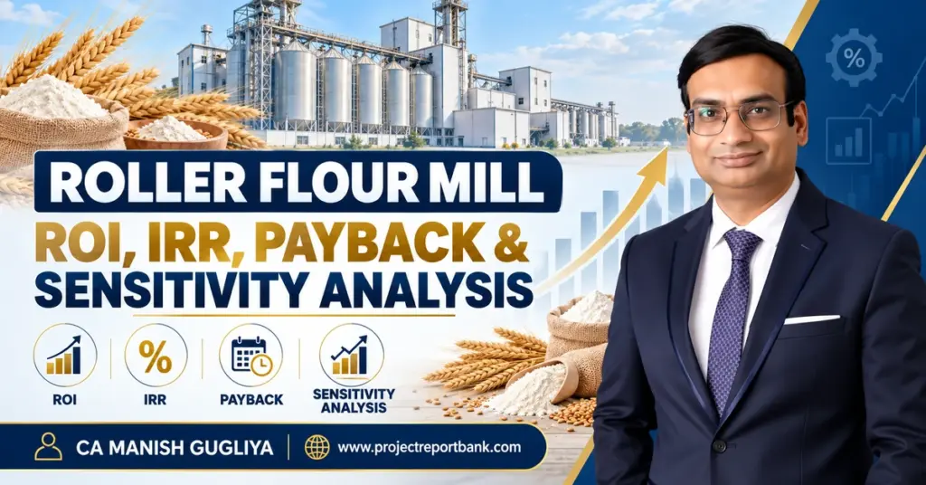 Roller Flour Mill ROI, IRR, Payback and Sensitivity Analysis with financial growth charts, wheat processing plant and CA Manish Gugliya.