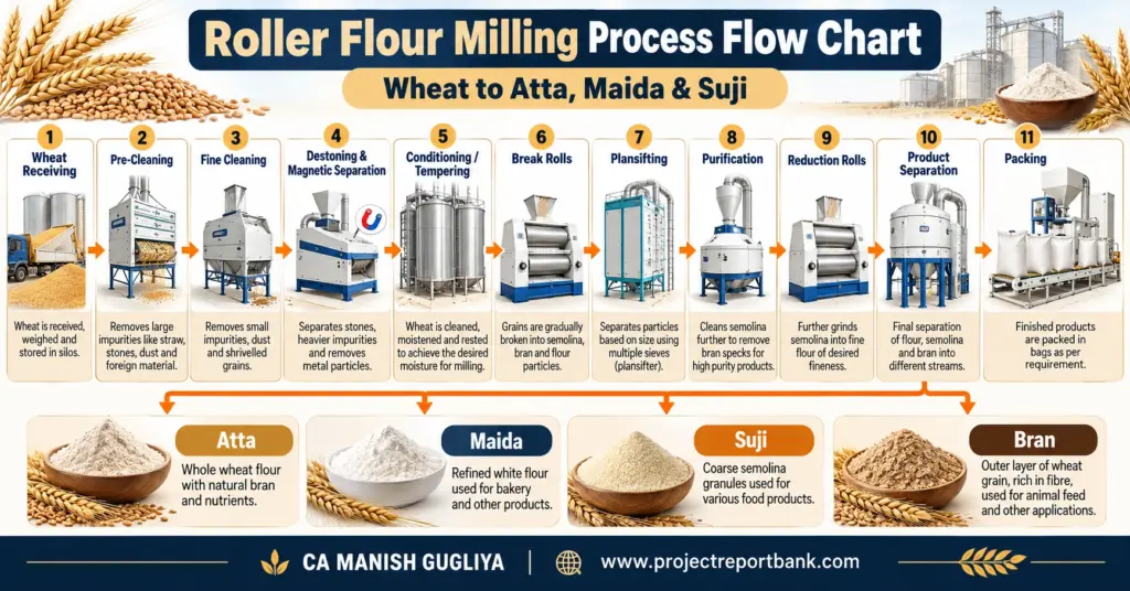 Roller flour milling process flow chart showing wheat receiving, cleaning, conditioning, break rolls, plansifting, purification, reduction rolls, product separation, and packing of atta, maida, suji and bran.