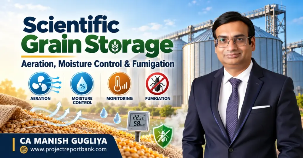 Scientific Grain Storage in India – Aeration, Moisture Control, Temperature Monitoring and Fumigation in Modern Grain Silos | CA Manish Gugliya