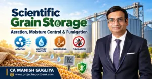 scientific grain storage feature image Scientific Grain Storage in India – Aeration, Moisture Control, Temperature Monitoring and Fumigation in Modern Grain Silos | CA Manish Gugliya
