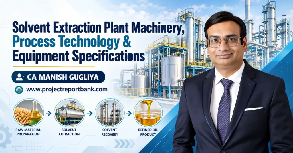 Solvent Extraction Plant Machinery, Process Technology and Equipment Specifications in India, featuring industrial processing equipment and CA Manish Gugliya.