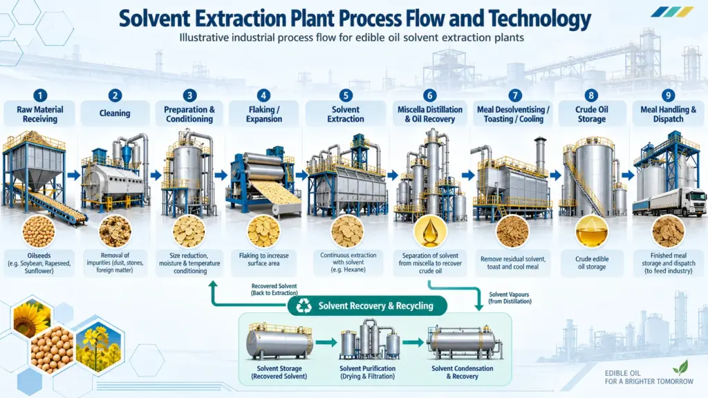 Solvent Extraction Plant Process Flow and Technology diagram showing oilseed preparation, cleaning, flaking, solvent extraction, miscella distillation, oil recovery, meal processing and solvent recycling.