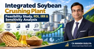 Integrated Soybean Crushing Plant Feasibility Study, ROI, IRR and Sensitivity Analysis in India, featuring soybean processing facilities, financial charts and CA Manish Gugliya.