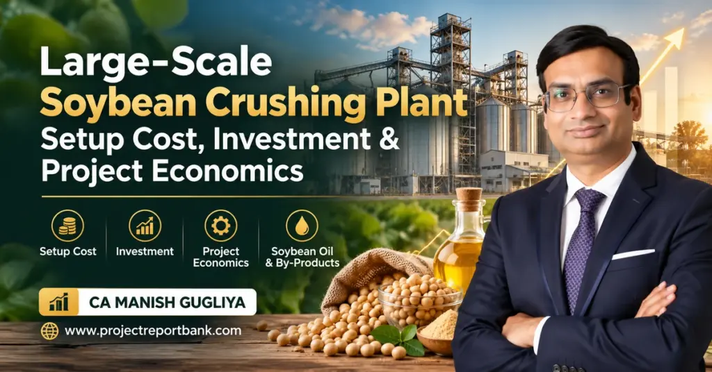Large-scale soybean crushing plant setup cost, investment and project economics in India, featuring an industrial soybean processing facility, soybean oil, machinery, and CA Manish Gugliya.