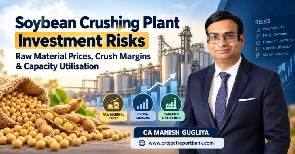 Soybean Crushing Plant Investment Risks covering raw material prices, crush margins and capacity utilisation, featuring CA Manish Gugliya with soybean processing plant and financial risk analysis graphics.