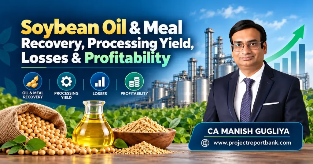 Soybean oil and meal recovery, processing yield, losses and profitability analysis for soybean crushing plants in India, featuring CA Manish Gugliya, ProjectReportBank.com.