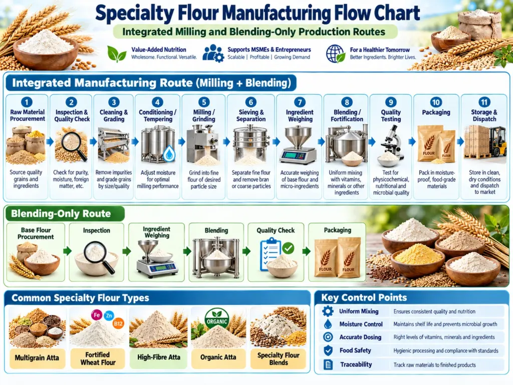 Specialty Flour Manufacturing Flow Chart showing integrated milling, blending-only process, quality control, packaging and specialty flour types.