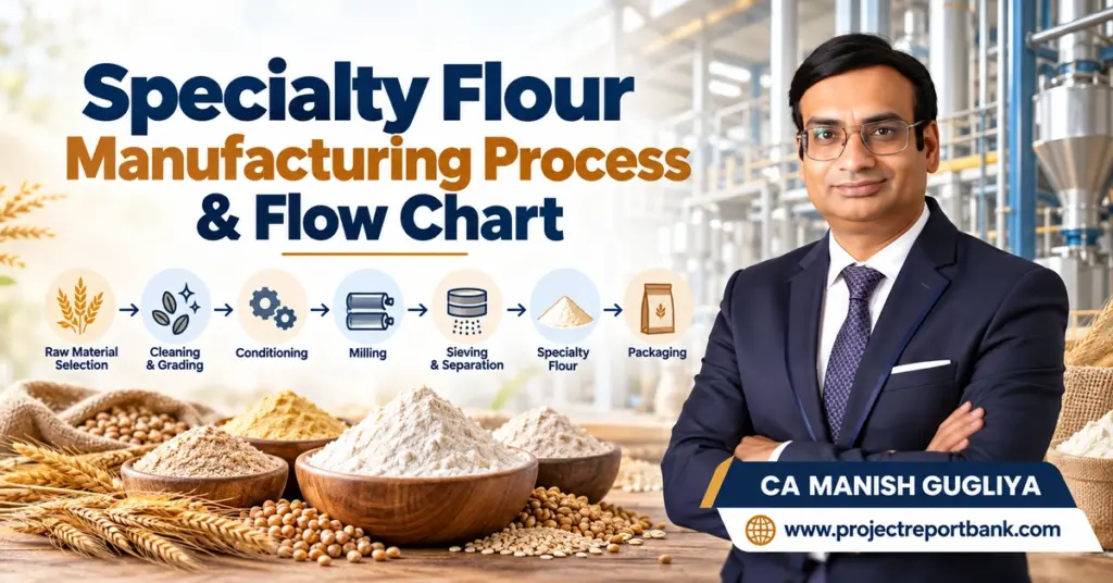 Specialty Flour Manufacturing Process & Flow Chart showing grain cleaning, milling, sieving and packaging, featuring CA Manish Gugliya.