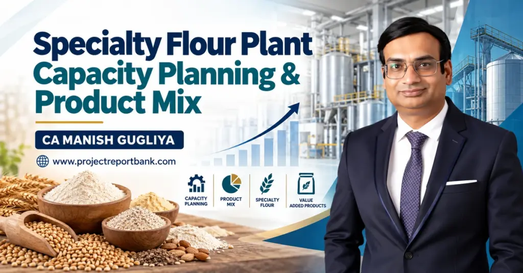 Specialty Flour Plant Capacity Planning & Product Mix in India featuring flour processing machinery, production capacity analysis, and CA Manish Gugliya.