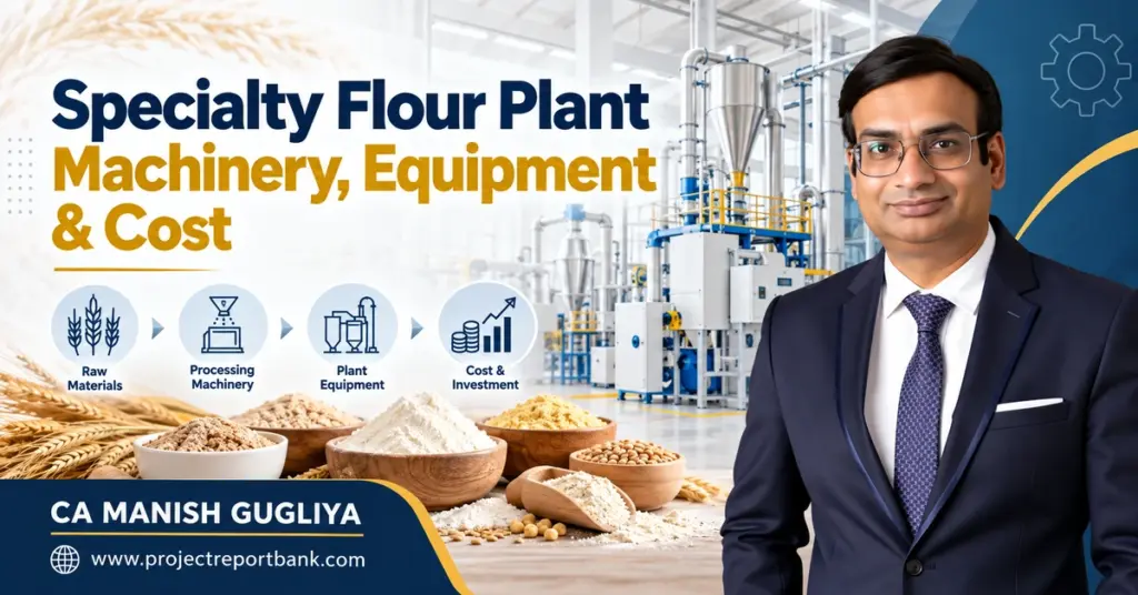 Specialty Flour Plant Machinery, Equipment & Cost in India featuring flour processing equipment, industrial machinery, and CA Manish Gugliya.