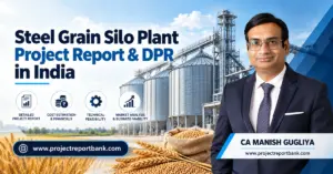 Steel Grain Silo Plant Project Report & DPR in India featuring modern grain storage silos, project cost, financial feasibility and CA Manish Gugliya.