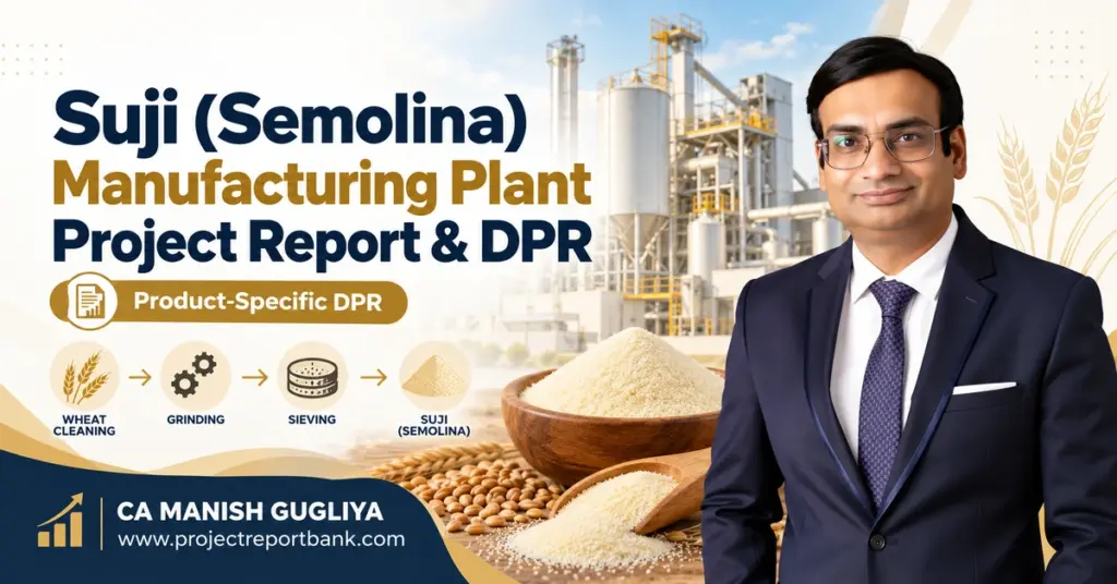 Suji (Semolina) Manufacturing Plant Project Report & DPR in India featuring wheat processing machinery, suji production process, and CA Manish Gugliya.