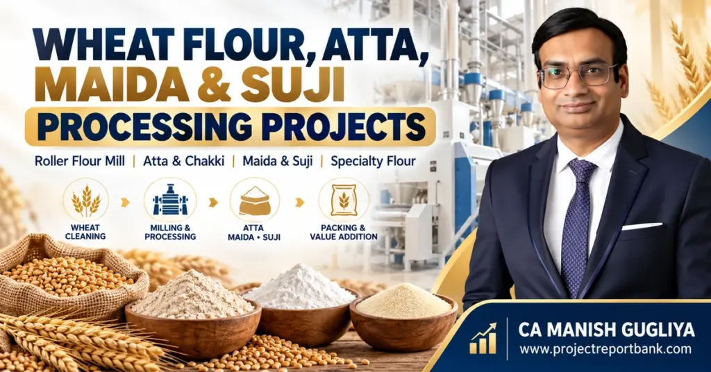 Wheat Flour, Atta, Maida & Suji Processing Projects in India featuring roller flour mills, atta chakki plants, specialty flour manufacturing, and CA Manish Gugliya – Project Report Bank.